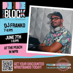 DJ Franko in colorful shirt and headphones behind the DJ booth