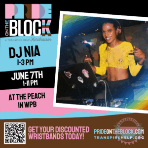 DJ Nia in yellow mesh crop top and red headphones smiling at the DJ booth