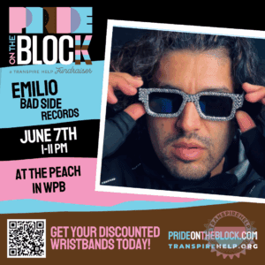 Emilio from Bad Side Records wearing rhinestone shades, performer at Pride on the Block 2025