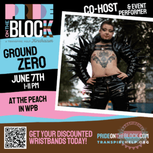 Ground Zero in a black spiked outfit, co-host and performer at Pride on the Block 2025