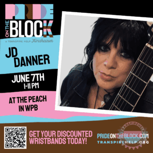 JD Danner posing with a guitar, featured musical act at Pride on the Block 2025