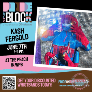 Kash Fergold in a vibrant blue and red fringe bodysuit posing under bright lights at Pride on the Block 2025