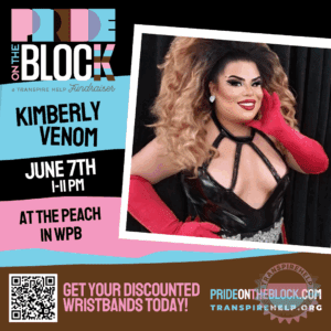 Kimberly Venom in a dramatic black halter outfit and red gloves, smiling confidently at Pride on the Block 2025
