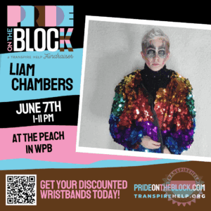 Liam Chambers wearing a rainbow sequin jacket and bold face makeup, performer at Pride on the Block 2025
