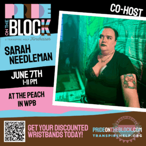 Sarah Needleman seated in Respectable Street's green-lit patio, co-host of Pride on the Block 2025