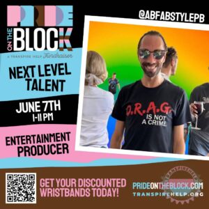 Chris Rhoades (@abfabstylepb) smiling in sunglasses with a rainbow gradient background, surrounded by community members