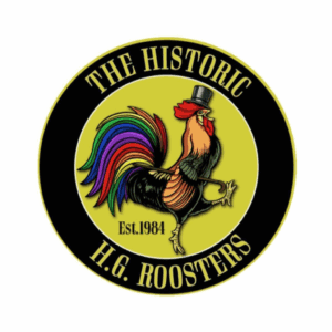 H.G. Roosters logo featuring a rainbow-colored rooster wearing a top hat with text 'The Historic H.G. Roosters Est. 1984