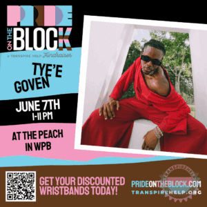 Tye’e Goven seated in a red outfit with dramatic open shoulders and dark sunglasses, posing with confidence in an outdoor setting